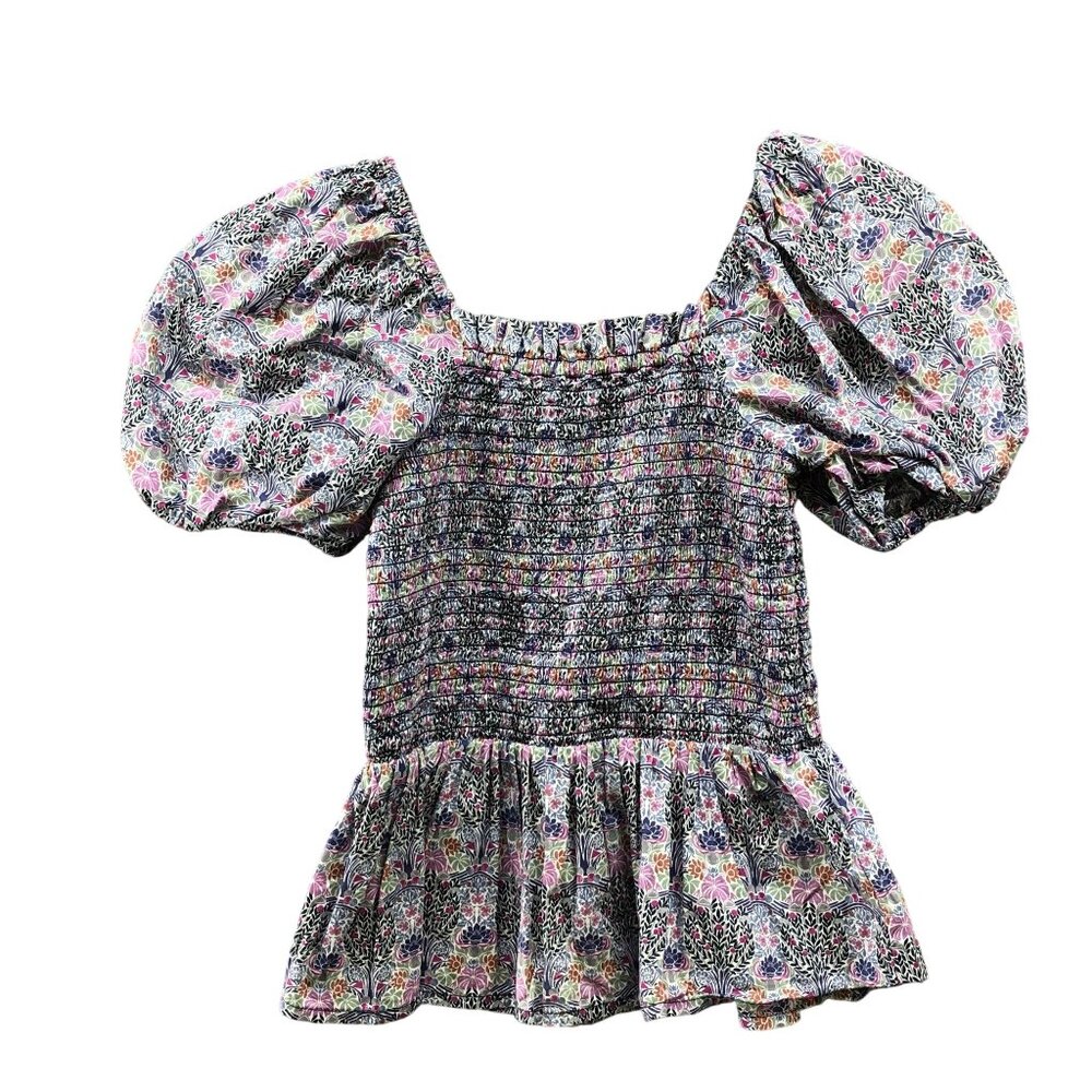J. Crew Liberty Of London Smocked Top Womens XXS Puff‎ Sleeve Square Neck Peplum
